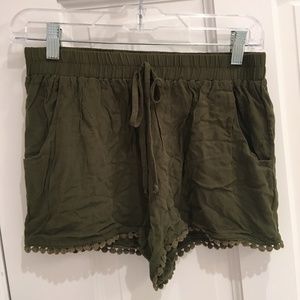 Hunter Green Soft Shorts with Pompom Trim